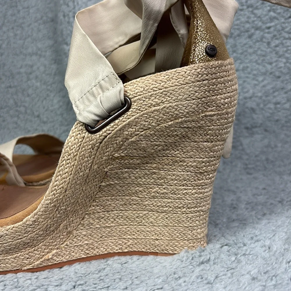 UGG Jules Espadrille Wedge Sandal Size 9.5 Leather Heel Cap Feminine Cream Bow - Picture 5 of 10